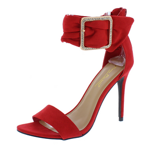 Red open toe ankle buckle band stiletto heel.