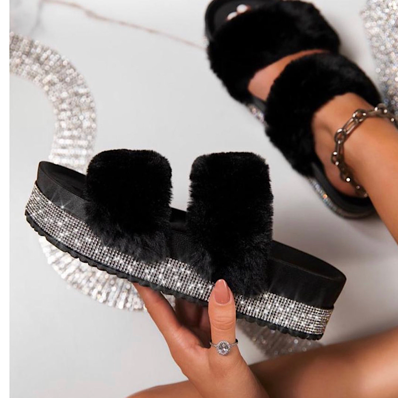 Black fur rhinestone slides