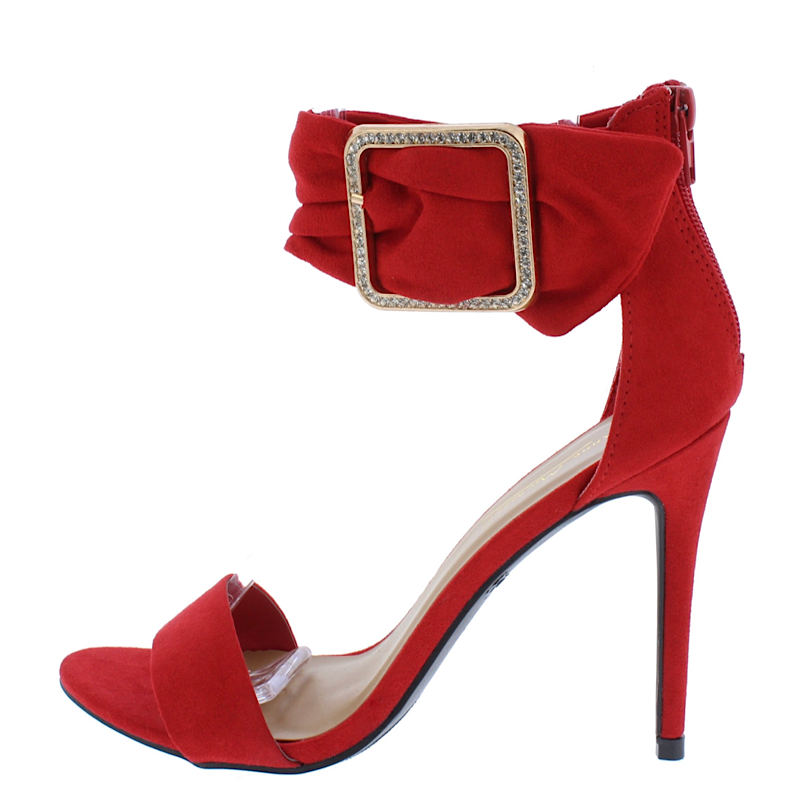 Red open toe ankle buckle band stiletto heel.