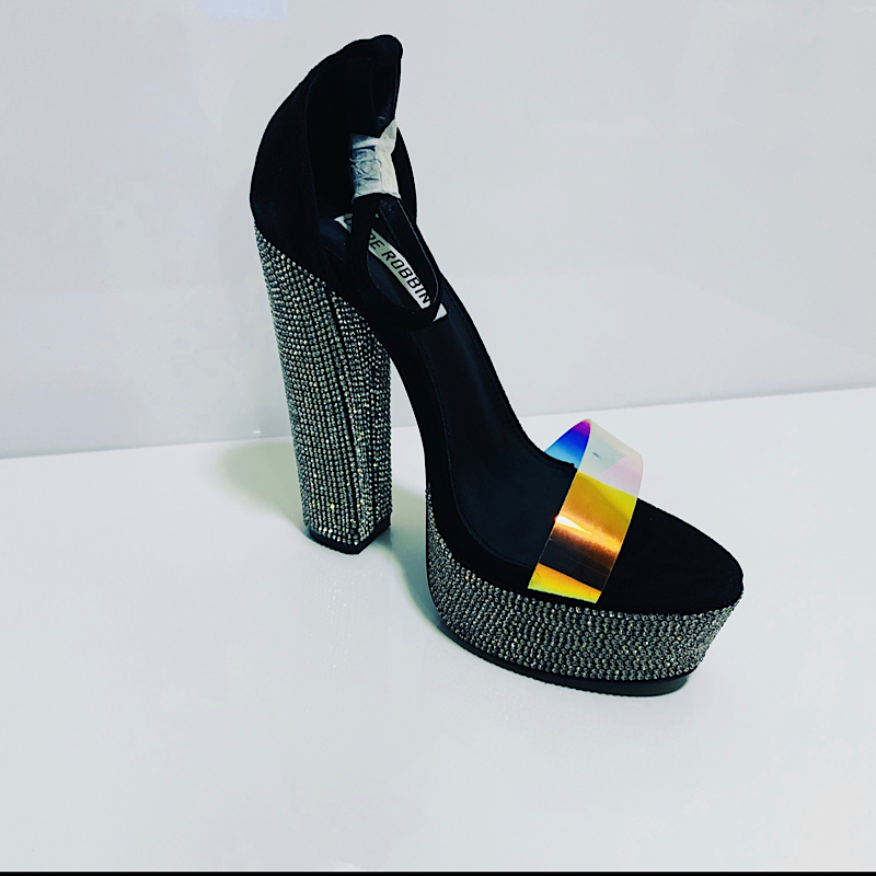 Black open toe rhinestone heel.