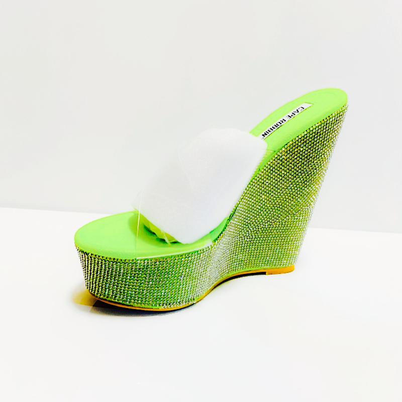 Lime Green Open Toe Rhinestone Platform Wedge.