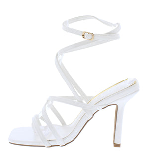 White Square Open Toe Strappy Ankle Wrap Heel