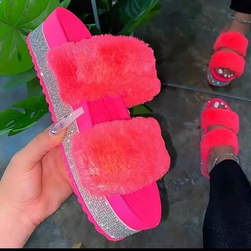 Pink fur rhinestone slides